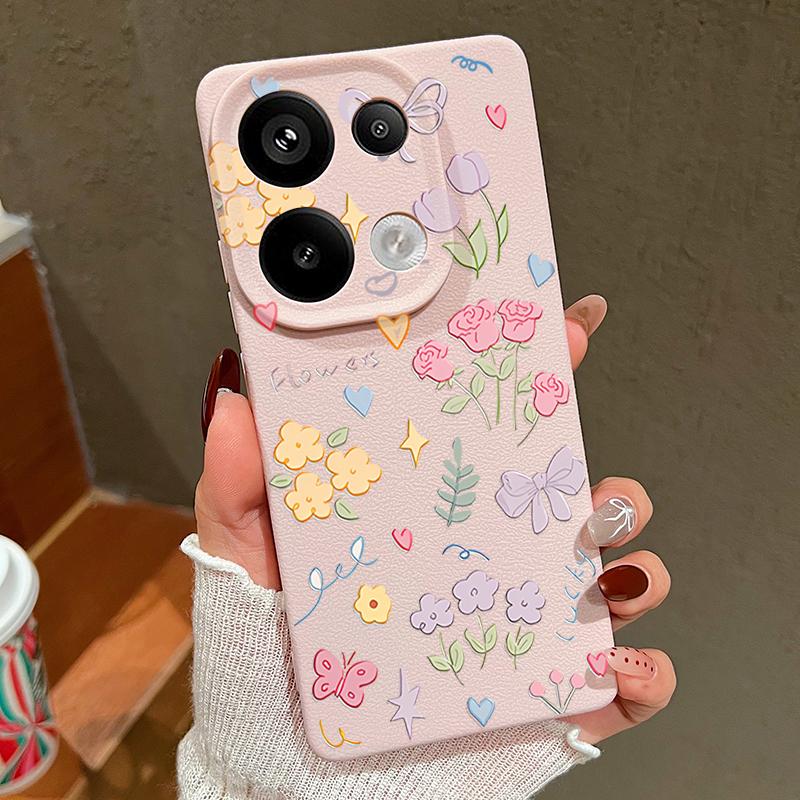 Cartoon Floral Print Leather Texture TPU Soft Case For Xiaomi 13T Pro Poco X7 X6 M6 Redmi 13C Note 14 13 Pro 12 11 Slim Shockproof Matte Phone Cover