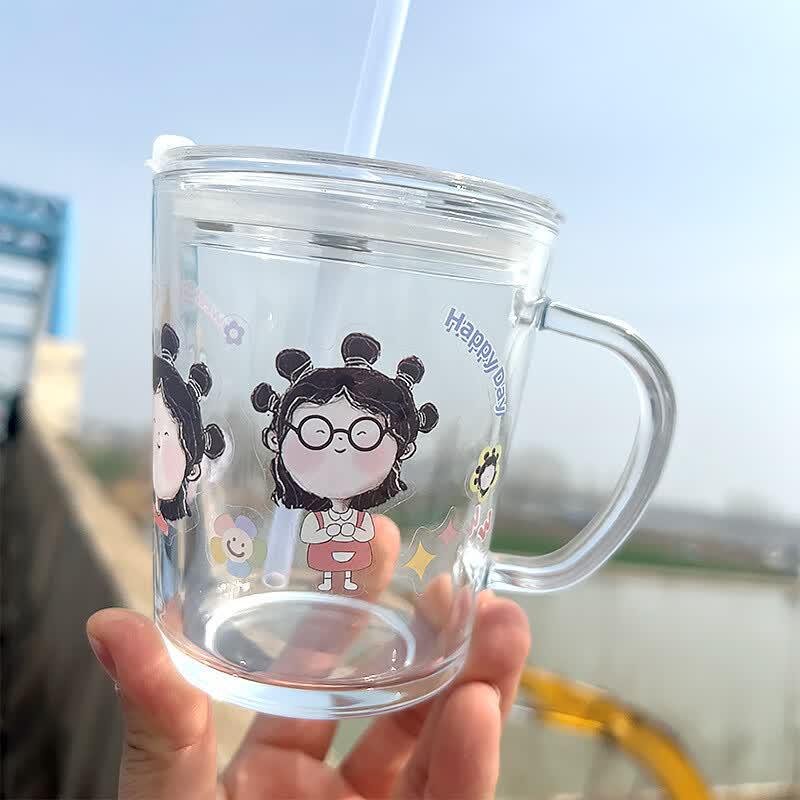 Kids Graduated Glass Milk Cup with Handle & DIY Stickers