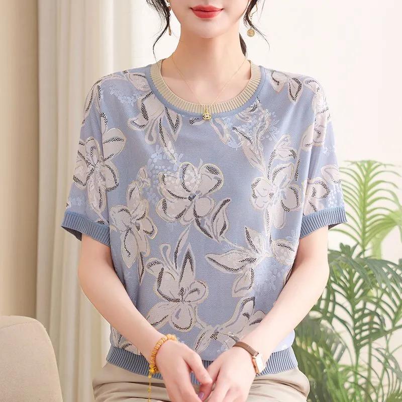 Womens Floral Print Knit Top Short Sleeve Crew Neck Casual Blouse