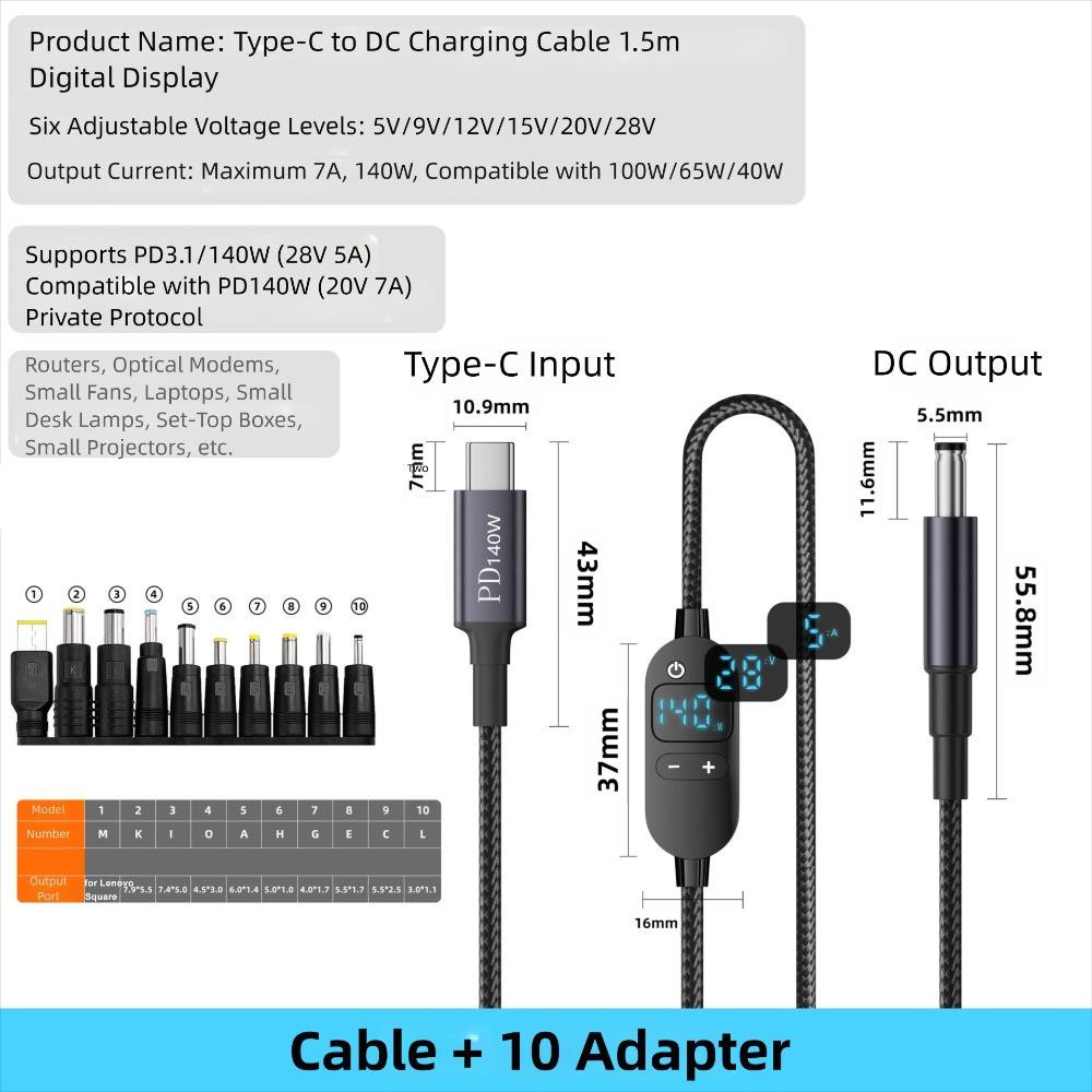5V/9V/12V/15V/20V USB C To DC PD Adapter Cable Digital Display Boost Cable  Laptop Camera