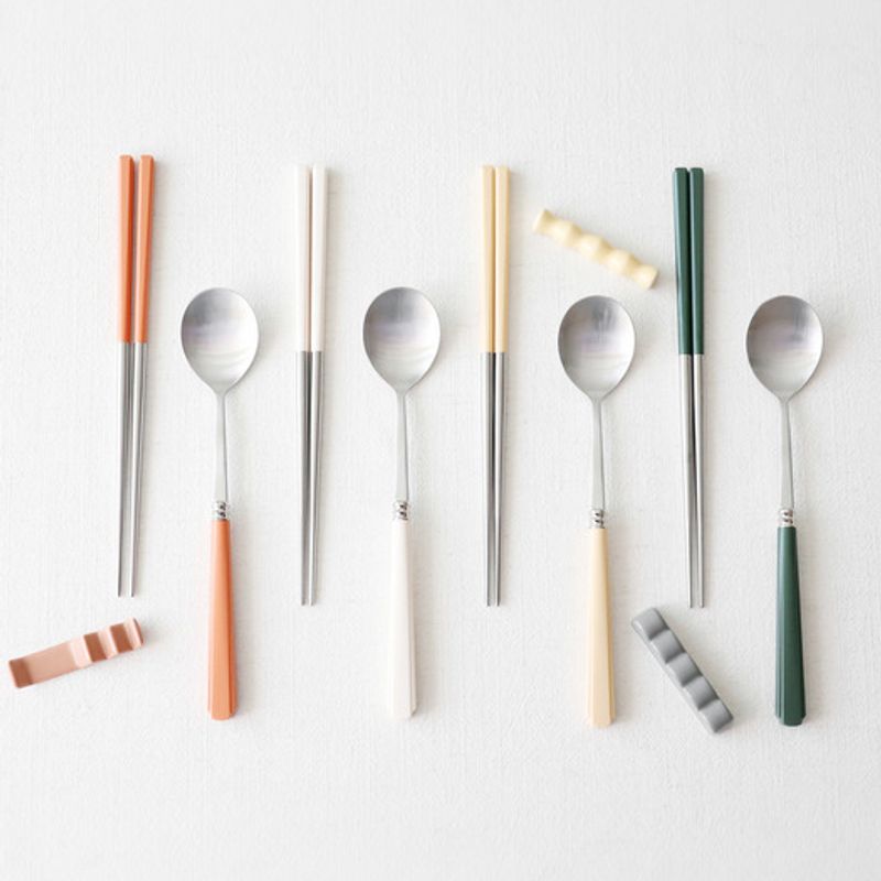 Kamomekitchen [2+2 4-person Set] Kamomekitchen Korean-made Verbe Cutlery Set (4 Spoons, 4 Chopsticks, Forest Sunset Color)