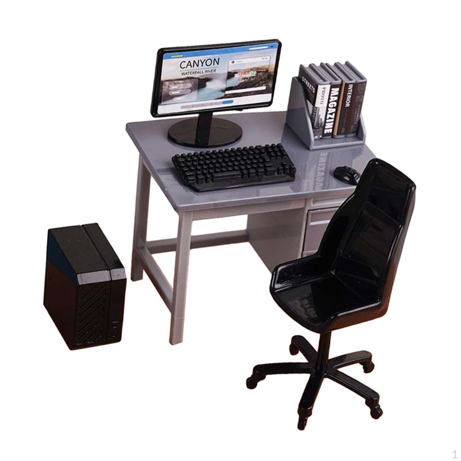 

1/12 Computer Desk and Chair Miniature Gaming Table with Keyboard Model for Decoration серый