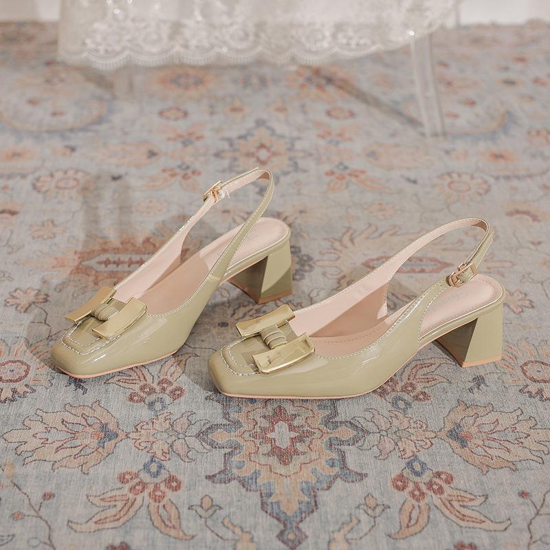 2139-A31 Fashion Baotou Sandals Thick Heel 2025 Summer New Rear Empty Square Head Patent Leather Metal Buckle High Heels