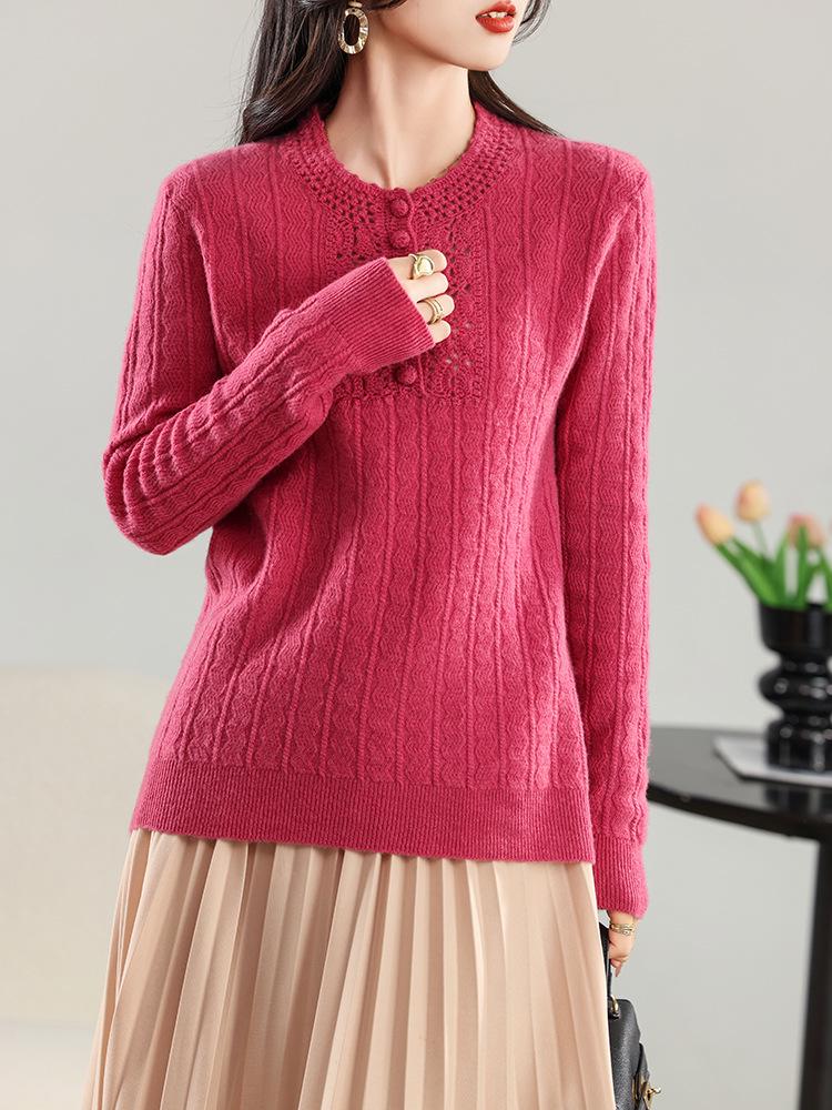 2024 Autumn/Winter Women's Wool Half-Zip Round Neck Jacquard Knit Hollow Loose Sweater
