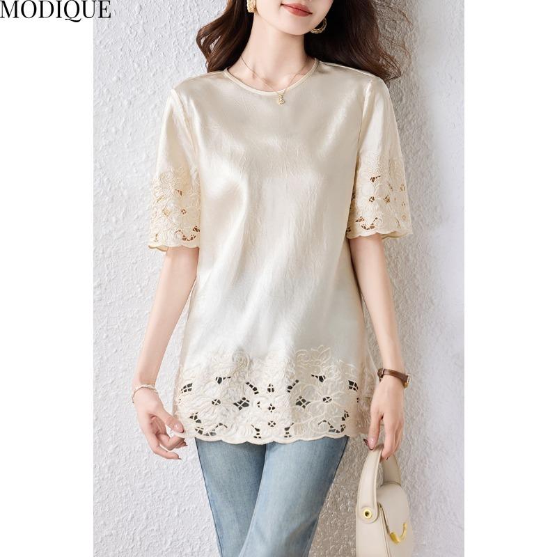 

MODIQUE Весна Лето Большой Размер Новая Женская Свободная Винтажная Шифоновая Однотонная Кружевная Блузка Рубашки Женская Повседневная Оверсайз с Коротким Рукавом Круглый Вырез Топ Офисная Леди 5XL белый