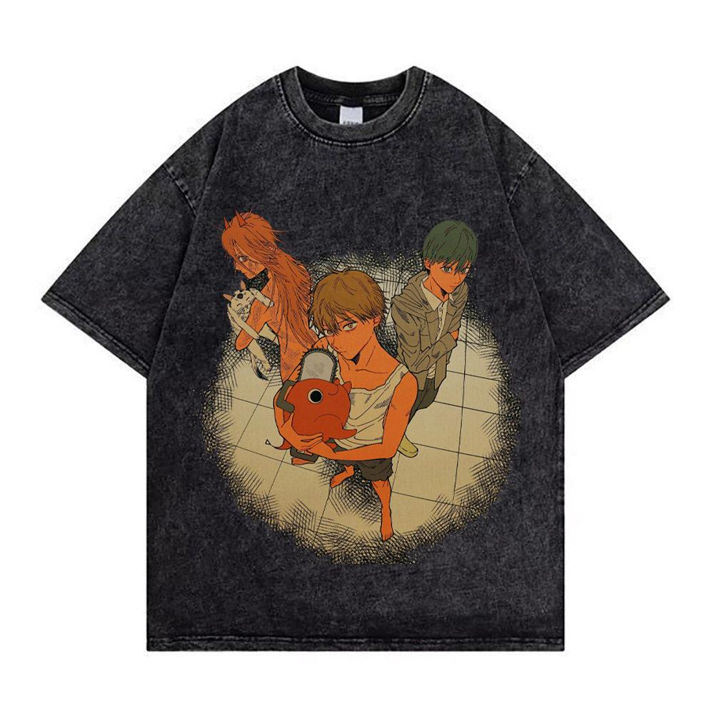 Chainsaw Man Denji Power Manga Panel Vintage Washed T Shirt  Summer Oversized Streetwear Anime Graphic Tee for Men Women