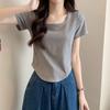 Square Collar Short-sleeved T-shirt Women's Summer New Design Sense Thin Irregular Solid Color Fishbone Short Top