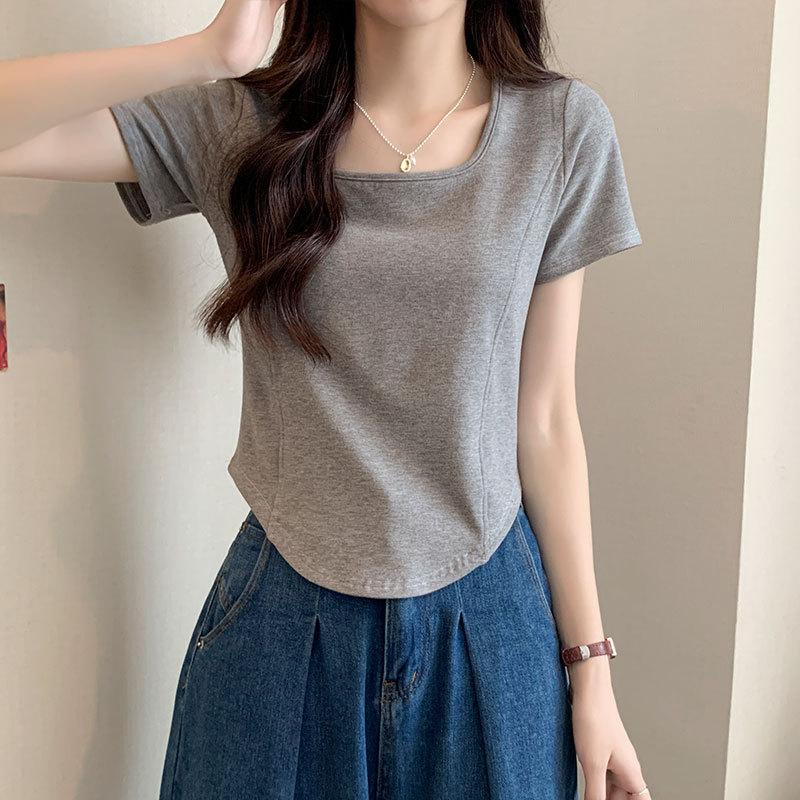 Square Collar Short-sleeved T-shirt Women's Summer New Design Sense Thin Irregular Solid Color Fishbone Short Top