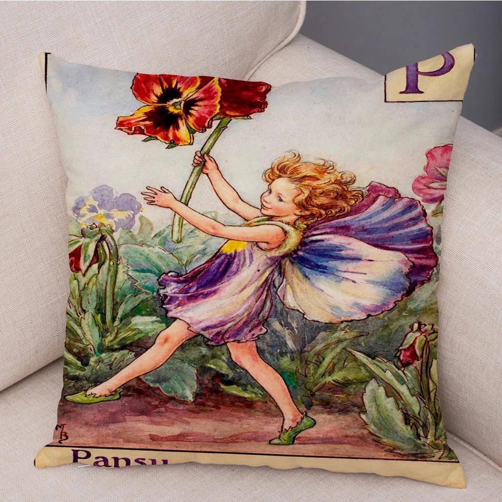 Vintage Floral Girl Pillowcase Decor Cute Cartoon Flower Elf Fairy Tale for Sofa Home Pillow Case Soft Plush Cushion Cover