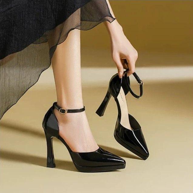 Sexy season summer waterproof table women's black single shoes pointed one-word strap high heels medium thick heel sandals