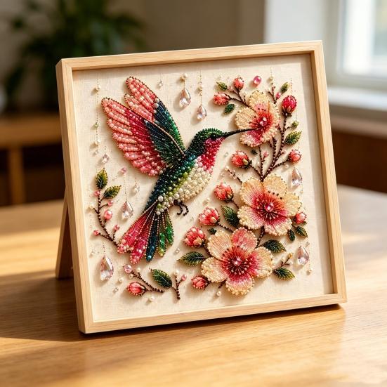 Hummingbird Bead Embroidery Kit, DIY Pearl Art Painting, with Crystal Beads Floral Designs Craft, for Adults Beginners