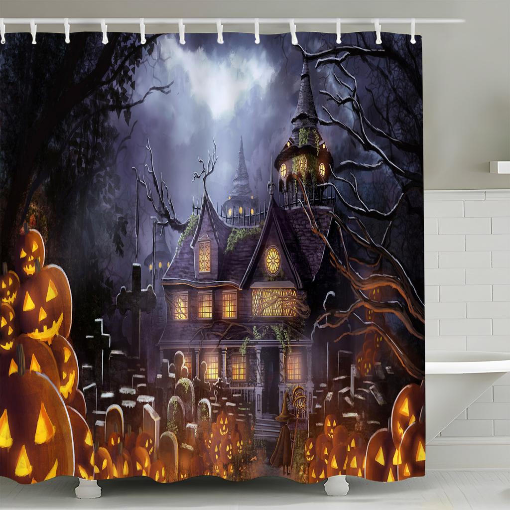 Halloween Skull Shower Curtains Crow Spooky Forest Pumpkin Castle Moon Black Bats Horror Night Bathroom Decor Fabric with Hooks