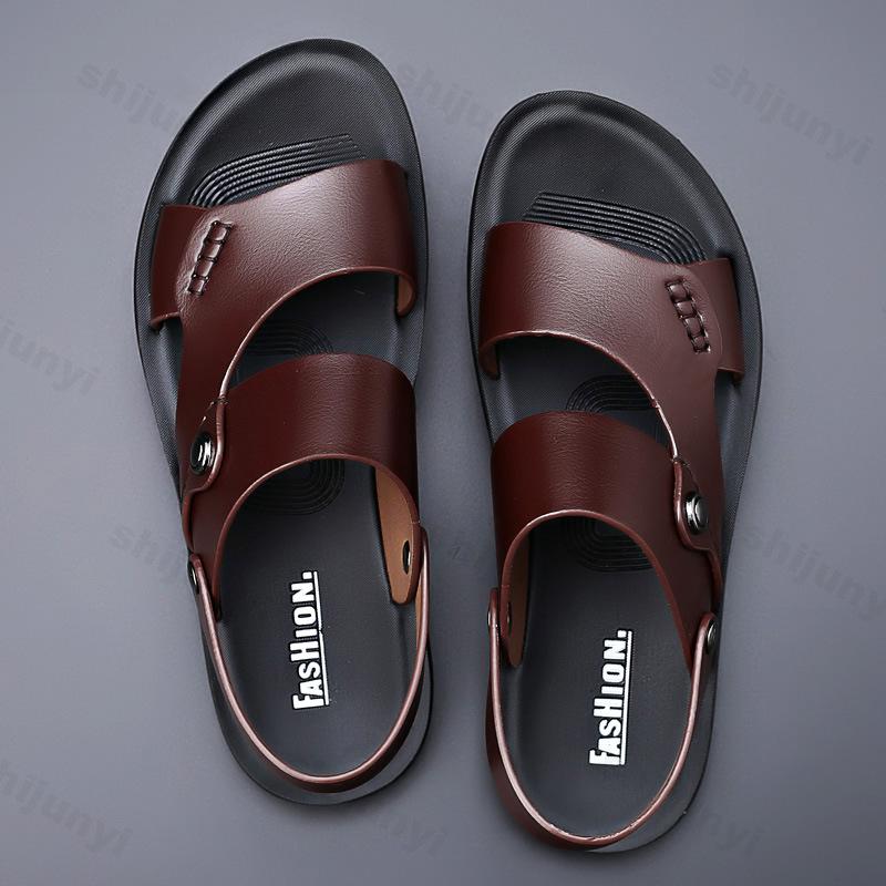 Men's Casual Sandals Summer New Breathable Fashion Outdoors Beach Shoes Anti-slip Open-toe Double-sided Soft Leather Slippers