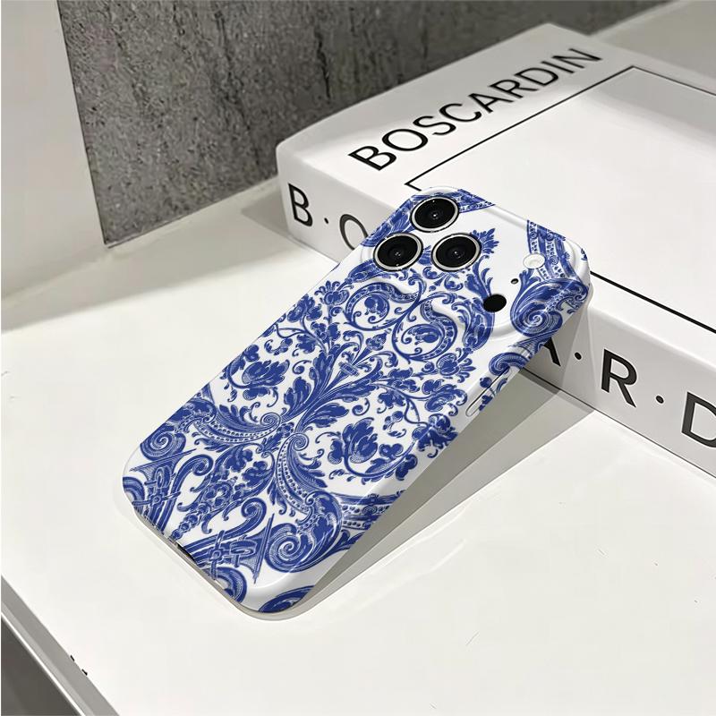 Cobalt Baroque Ornate Pattern Design Art Film Aesthetic Protective Shockproof Bumper Phone Case Cover For iPhone 14 15 16 Pro Max Plus