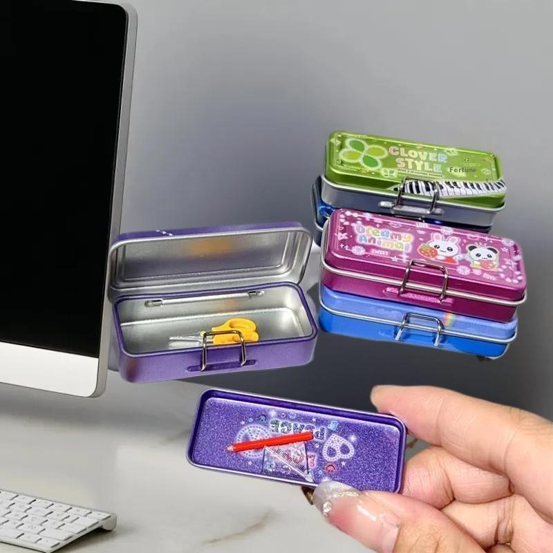 Dollhouse Miniature Double Layer Iron Pencil Box Pen Ruler Measuring Tape Scissors Model For Doll House Decor Pretend Play Toys