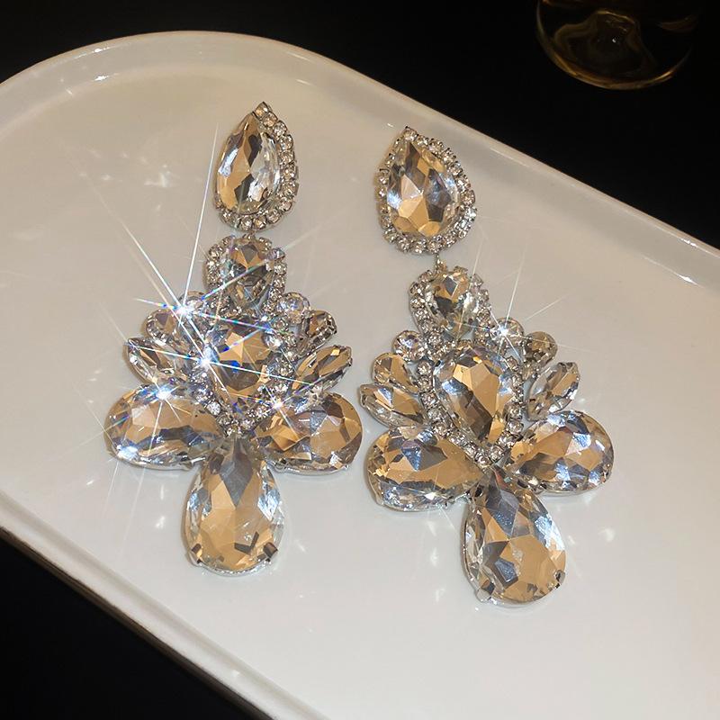 European and American diamond-set metal wind splicing flower earrings light luxury high-end earrings fashionable versatile personalized earrings
