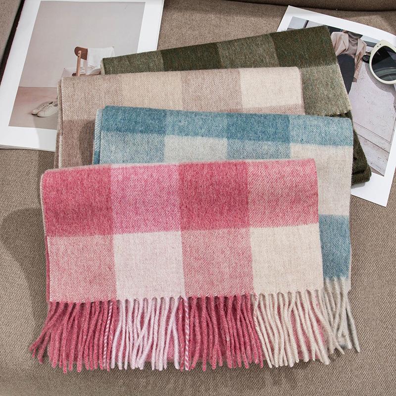 New Style Wool Scarf with Cashmere Feel for Women High End Tassel Thickened Scarf Warm Plaid All Match Shawl