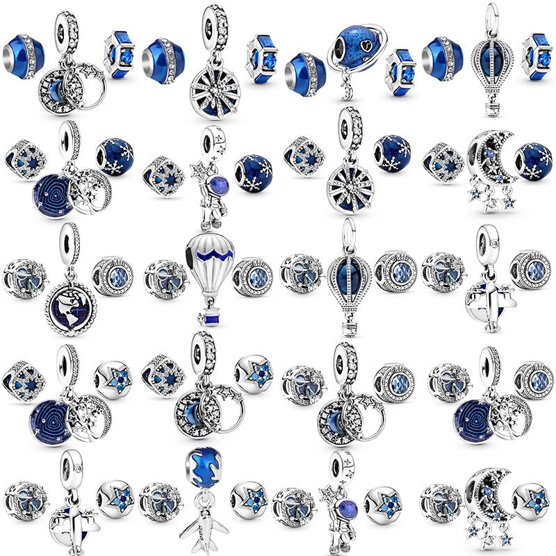 3pcs /Lot Blue Enamel Globe Charms Beads Star Pendant Fit Diy Brand Charm Bracelets Necklaces For Women Fashion Jewelry Making