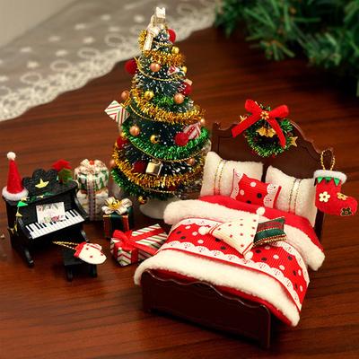 Christmas Doll House Accessories Miniature DIY Tree Bed Piano Model Christmas Furniture Model for Holiday Winter Home Room Party