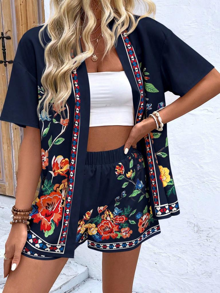 2026 Summer New Fashion Women's Flower Print Two-piece Outfits Casual Vacation Short Sleeve Cardigan + Shorts Set 100% Polyester