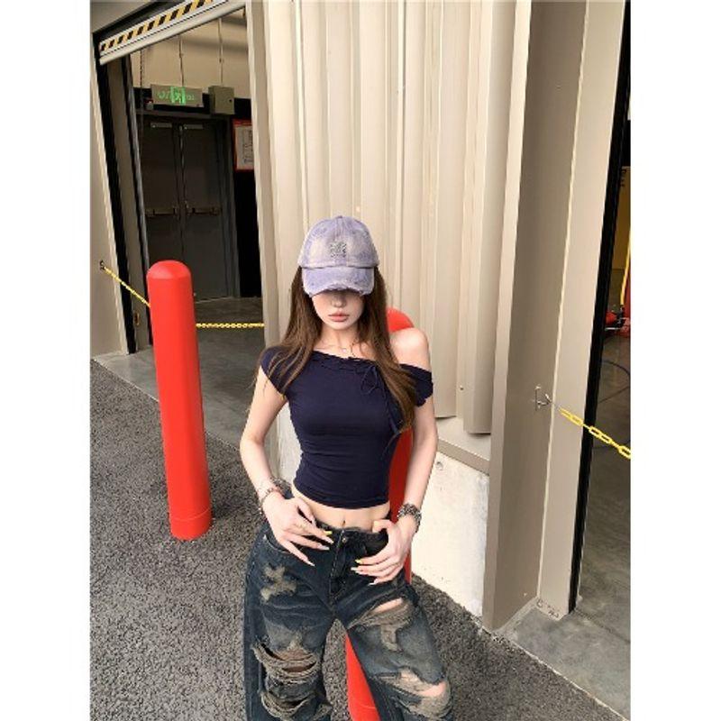 Kumikumi Retro Set Backless Lace-up Short sleeve T-shirt Women Summer Ripped Jeans Wide Leg Pants Two-piece Set