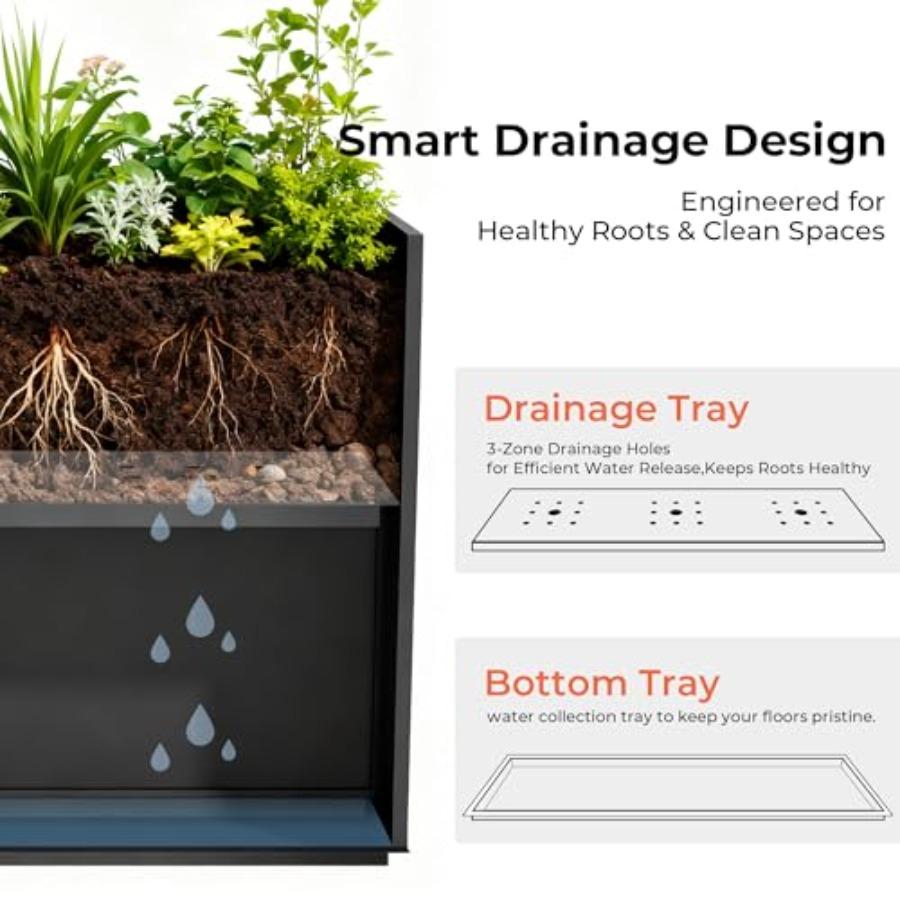 28 Galvanized Steel Rectangular Tall Outdoor Planter Box with Insert Shelf Drainage Holes Matte Black Metal Plant Container for