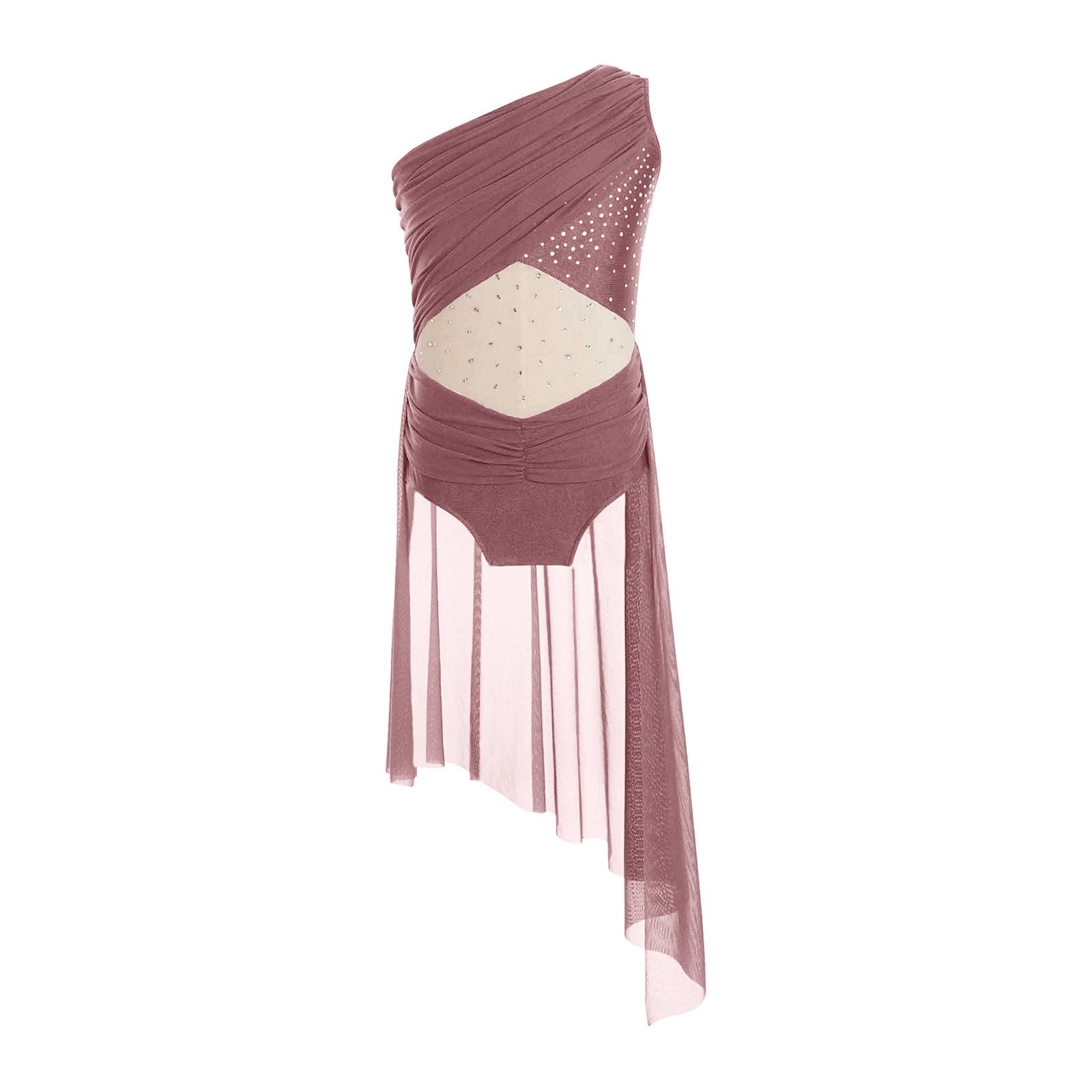 

Girls Lyrical Dance Leotard One Shoulder Sleeveless Sheer Mesh Patchwork Shiny Rhinestones Skirted Bodysuit