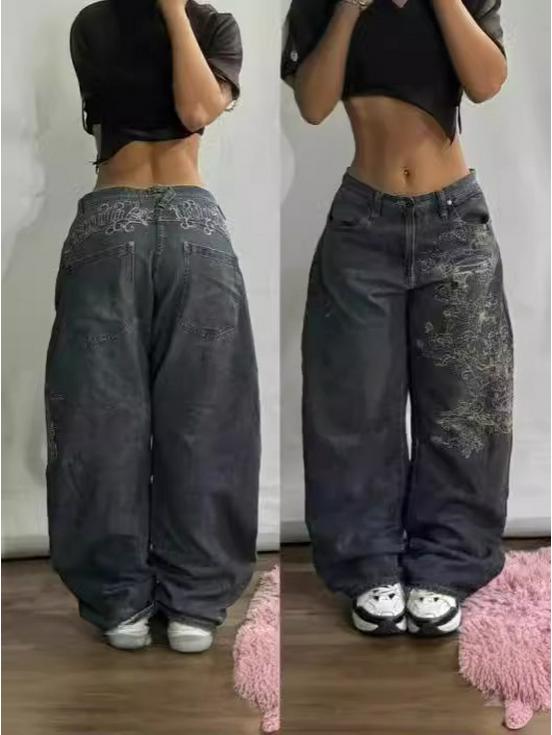 Men's High-Waisted Hip-Hop Loose Denim Embroidered Casual Jeans
