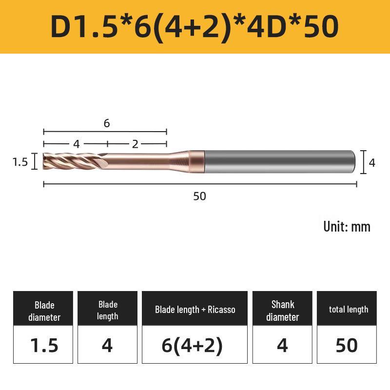 55° 4-Flute Carbide Coated Steel Flat-Bottom Deep-Groove CNC Milling Cutter with Blade Length and Clearance Combo