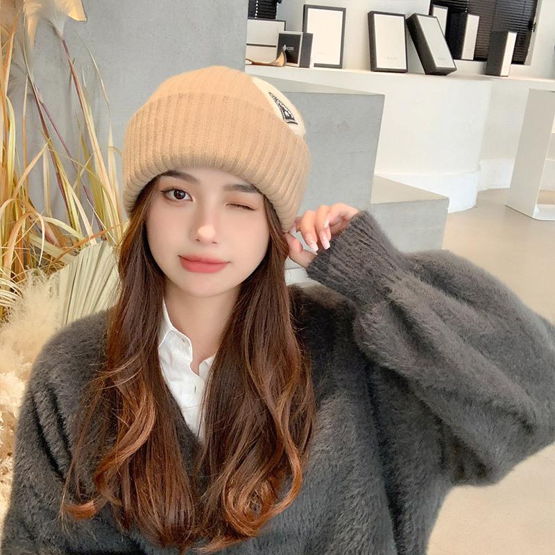 Triangle standard embroidered knitted hat men's and women's casual big head circumference wool hat autumn and winter warm face small hat