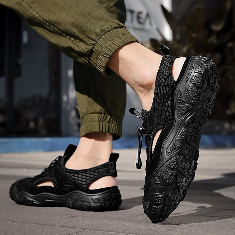 Sandale pentru bărbați cu vârf închis, plasă de vară, modă respirabilă, sandale casual din piele, pantofi de alpinism de dimensiuni mari