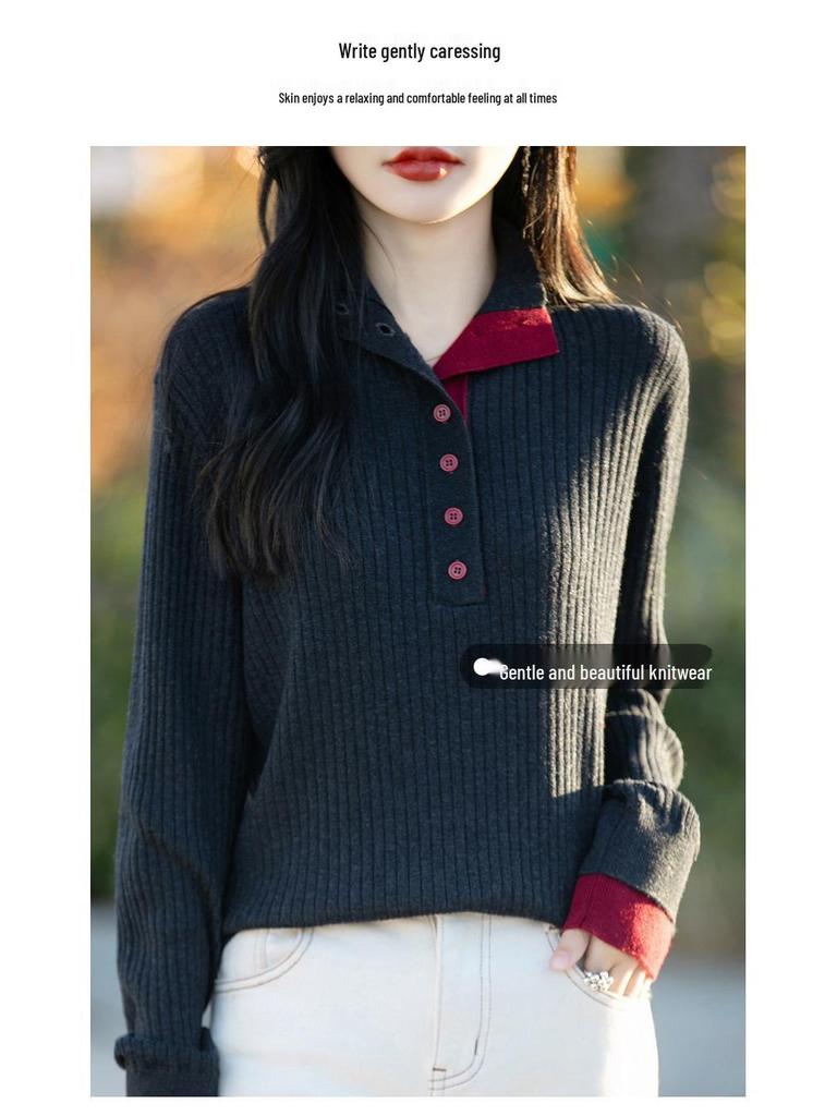Women's Spring Color Block Knitted Sweater - Plus Size, Layered High-Neck, Half-Open Design