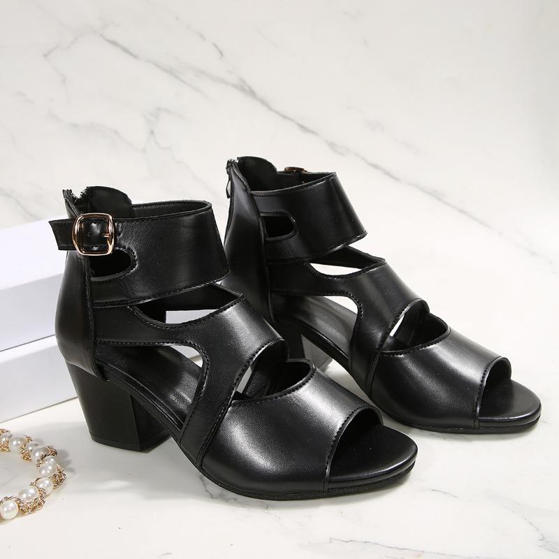 Fashion Large Size 36-43 Elegant Short Chunky Platform Sandals Women Summer 2025 Black Leather High Heel Sandals Office Women's Shoes