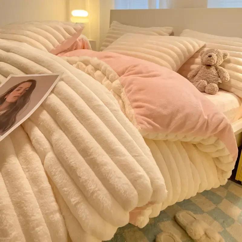 1.2M Bed Winter Plush Four Piece Set Double Sided AB Style Comfortable Keep Warm Quilt Cover Dormitory 3-piece Bed Sheet Set