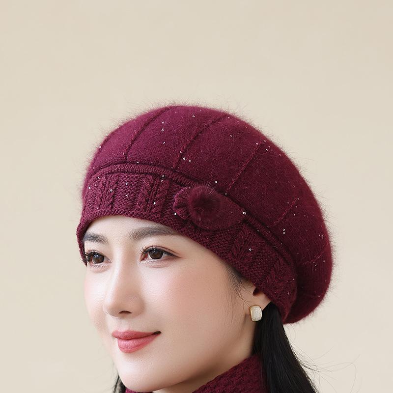 In The Elderly Rabbit Hair Knitted Hat Ladies Beret Fashion Thickened Warm Wool Hat