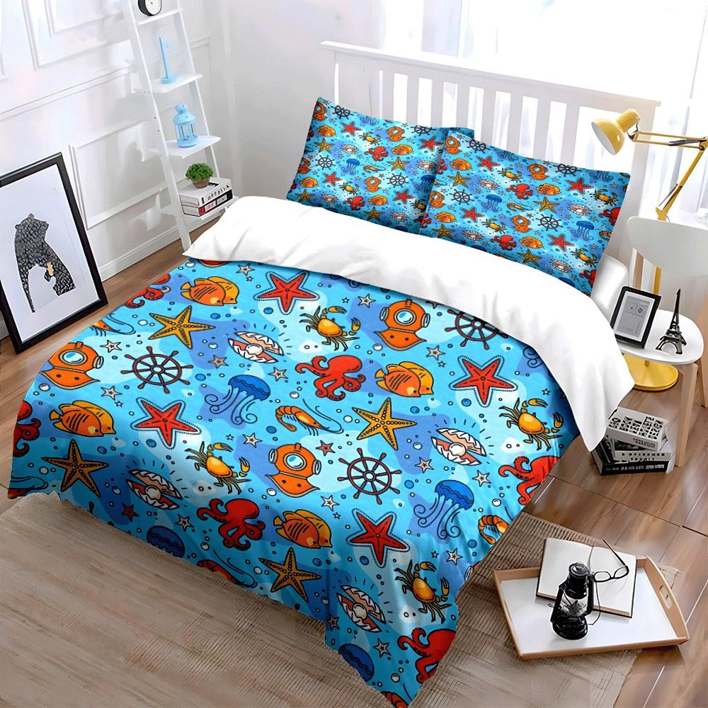 Ocean-Themed Pattern Decor Set Exquisite Three-Piece Bedding Set Gift For Kids And Adults