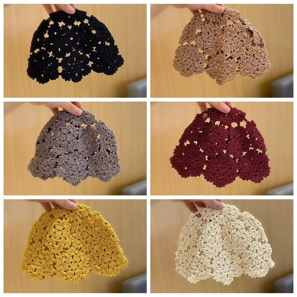 Handmade Knit Skullies Caps Solid Color Beanies Cap Ethnic Style Crochet Flower Hat Ladies