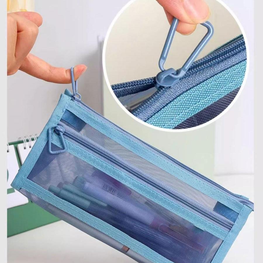 Double Layer Transparent Mesh Large Capacity Pen Bag Exam Special New Mesh Simple Double Layer High-Quality Aesthetic Pencil Storage Bag