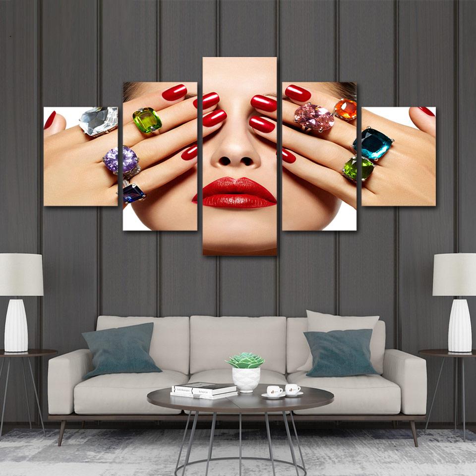5 Pieces Modular African Woman Sexy Lips Nail Salon Canvas Painting Figure Posters and Prints Wall Art Home Decor No Frame