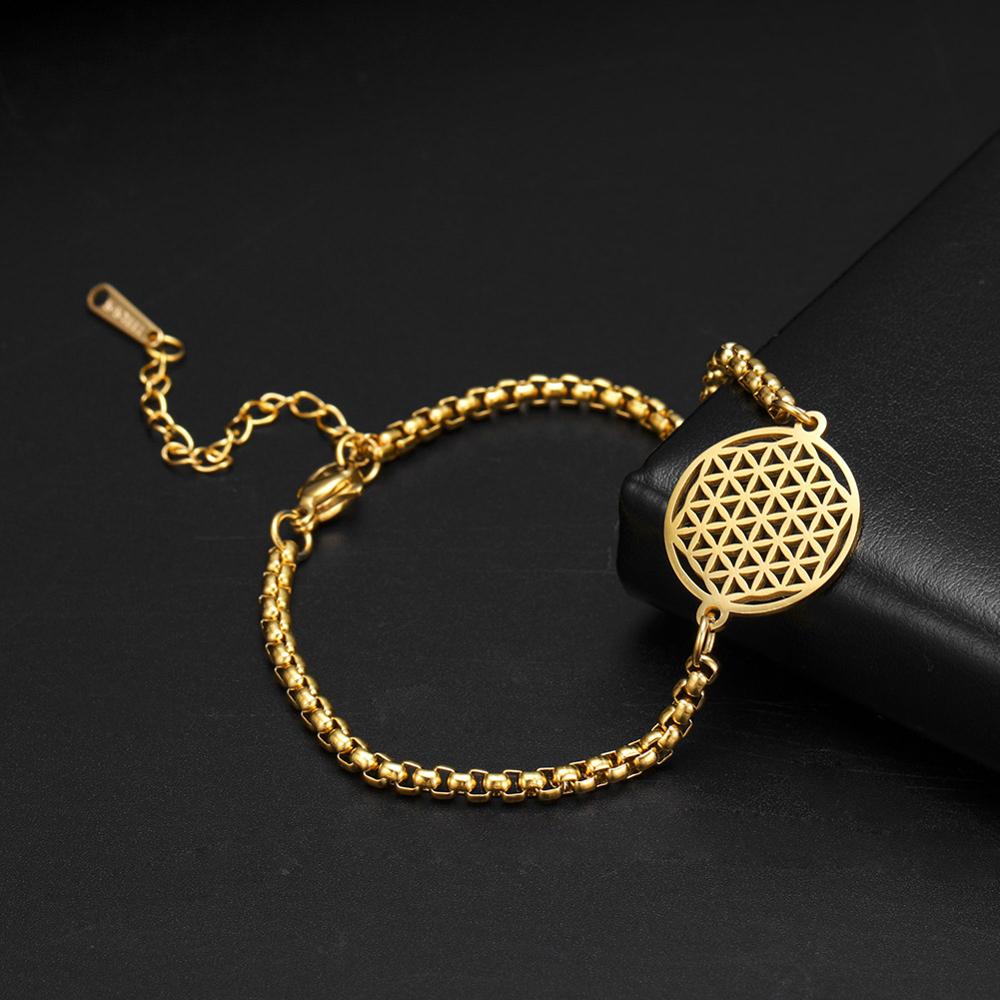 LIKGREAT Flower of Life Round Stainless Steel Bracelet Gold Color Charm Bracelets for Women Men Chain Fashion Jewelry Gifts