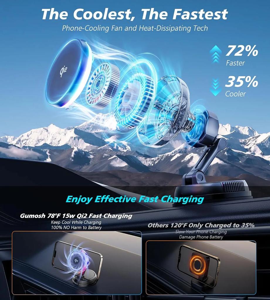 QI2 Cooling RGB Magnetic Wireless Car Charger Fast Charging Radiator Vacuum Suction Cup For Magsafe iPhone 12-17 Phone Holder