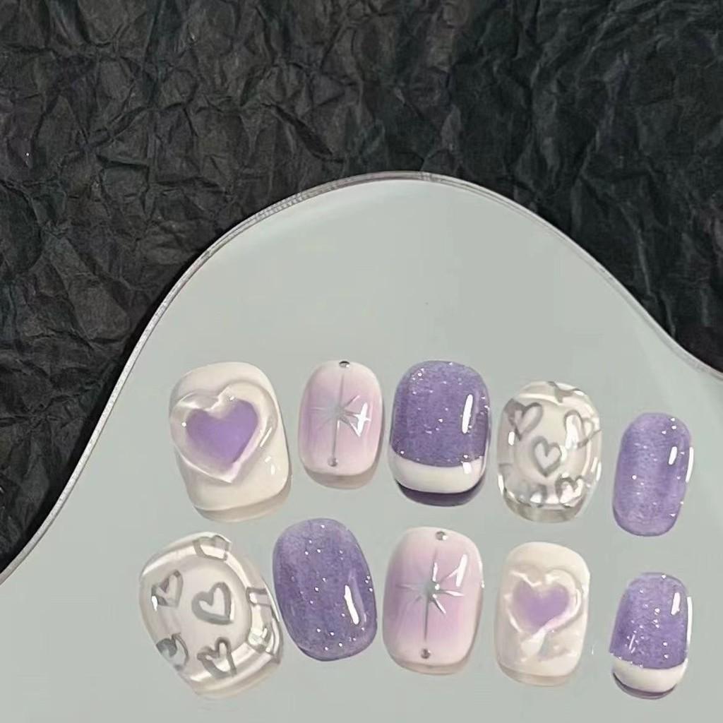 

Purple Nail Artificial Cute Love Cat Eye Short Style Manicure Wearable Reusable XS
