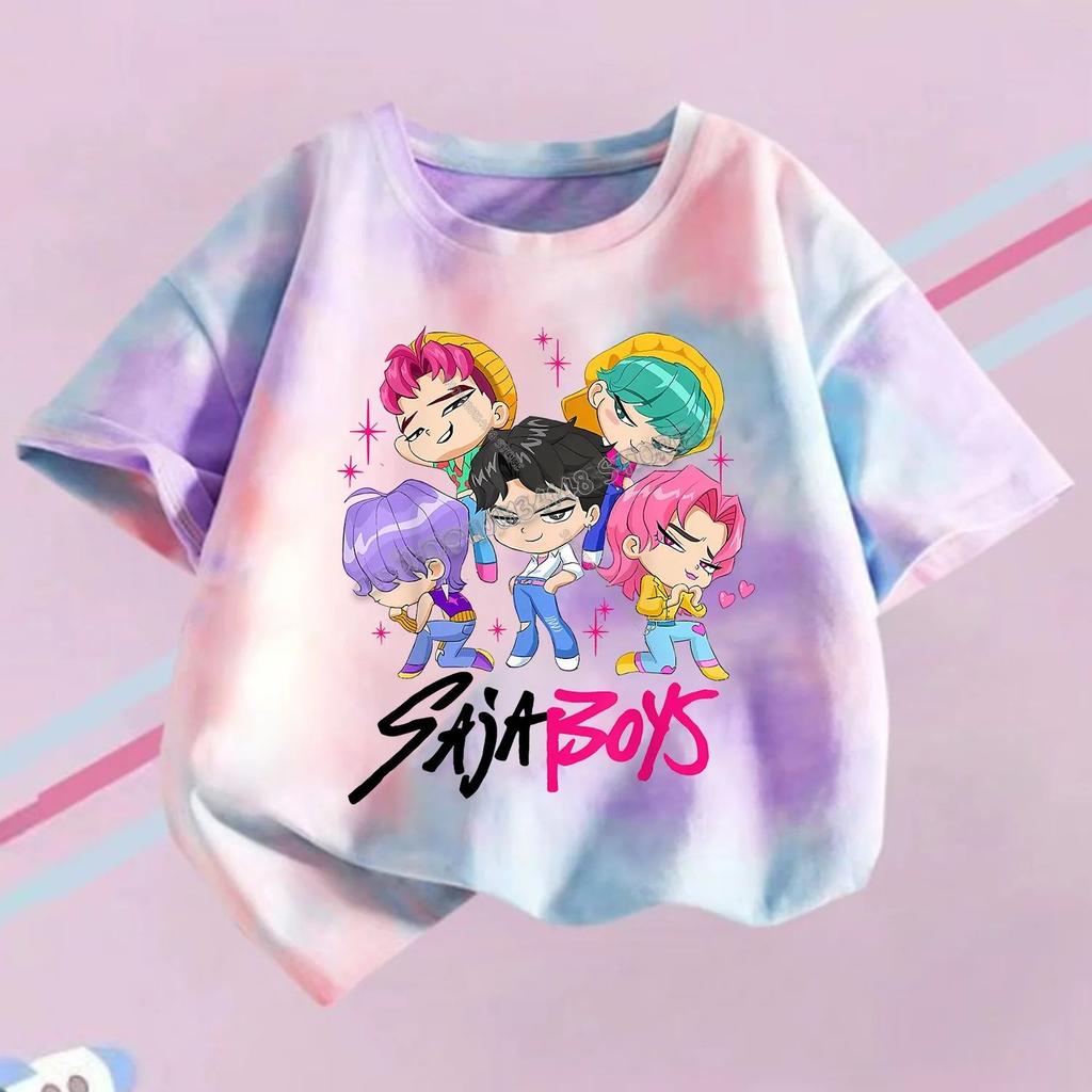 KPop Demon Hunters T-shirt Children Purple Tie-dye Top Girls O Collar Clothing Short Sleeve Tee Kids Summer/Autumn Clothes Gift