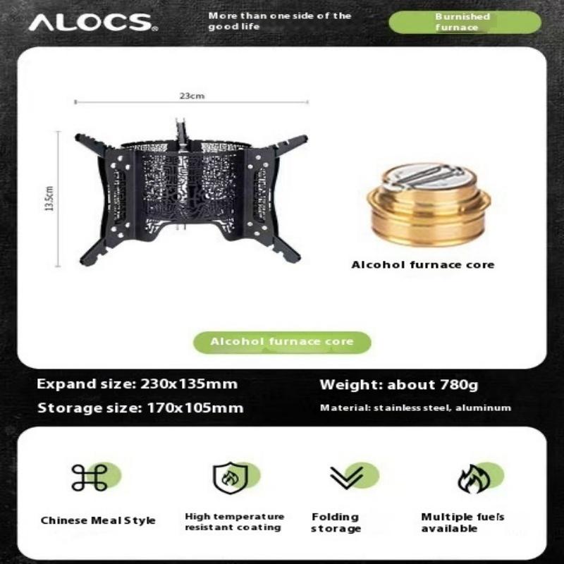 Alocs Outdoor Camping Taotie Pattern Outdoor Grill - 780g Ultralight Tripod, Multi-Fuel Compatible, 201 Stainless Steel Campfire Pot