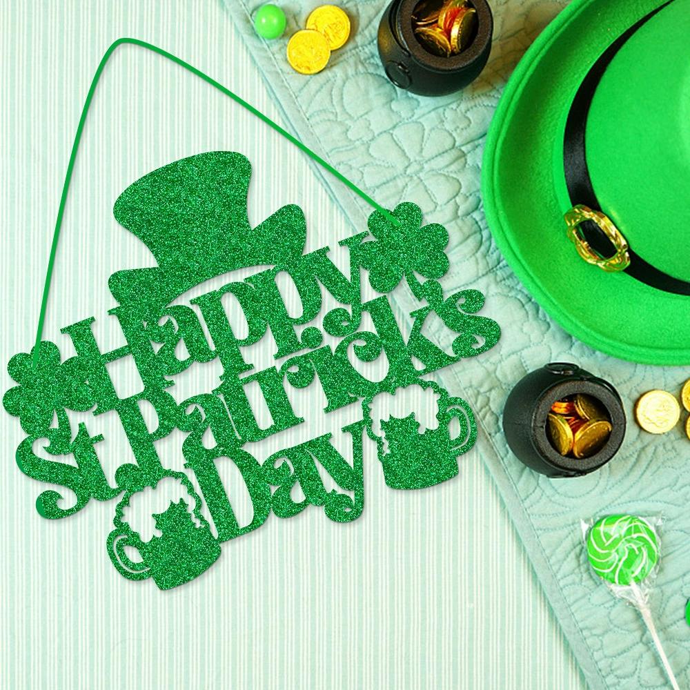 Happy St. Patrick's Day Hanging Sign Glitter Green Home Door Party Festival Wall Lucky Decoration Irish Clover Shamrock Dec N2T3