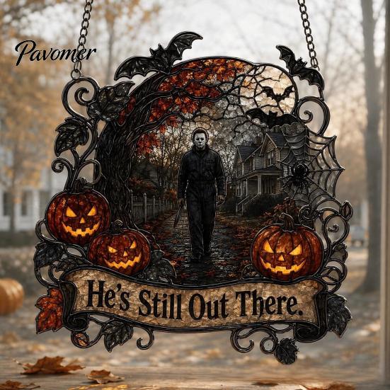 Porch Showcase Hanging Accents Halloween Decoration, 2D Michael Acrylic Suncatcher, Window Decor with Pumpkin Movie Fan Collection Gifts Tombstone,