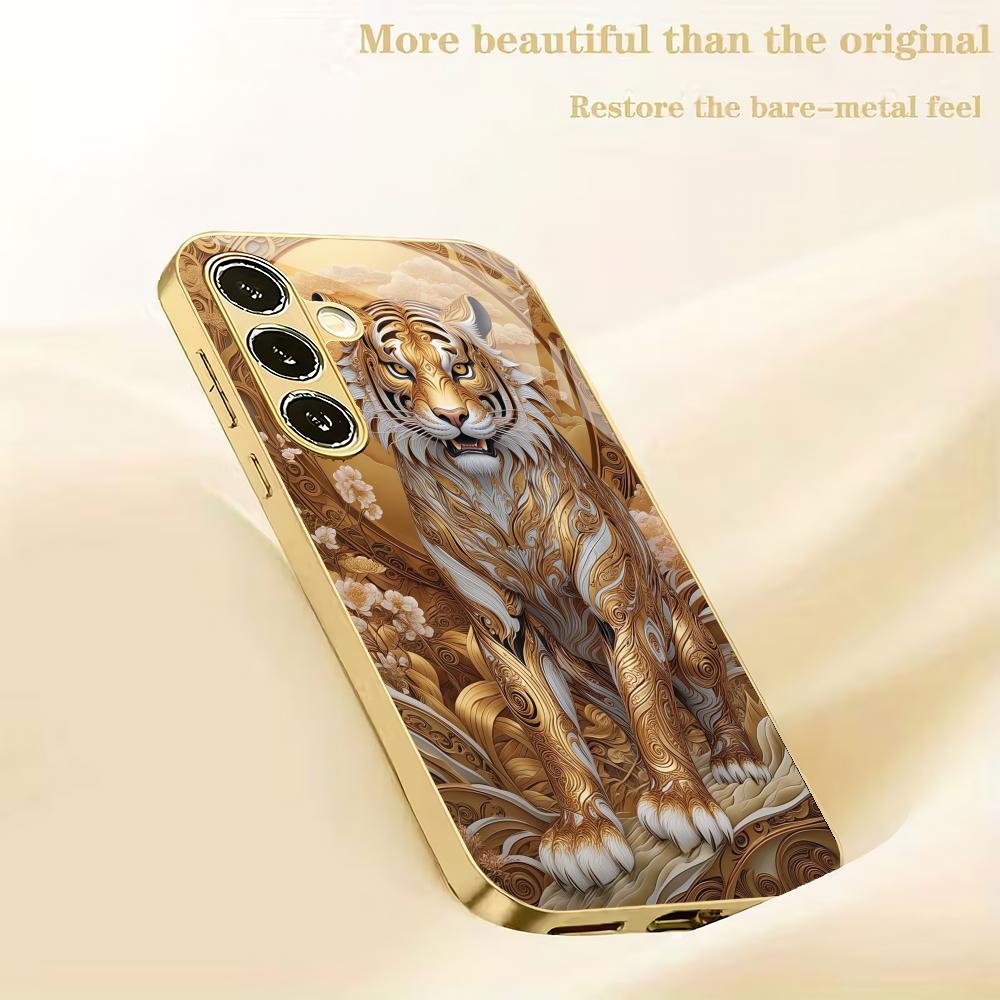 Tiger Electroplated Glass Phone Case Suitable for Samsung Galaxy S26 S25 S24 S23 S22 S20 FE/Ultra/Plus Anti Fall Back Cover