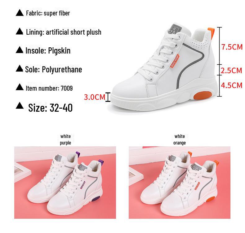 Women's High-Top White Cotton Shoes with Plush Lining, Autumn/Winter 2022 Collection - Height-Enhancing Sports Casual Footwear.
