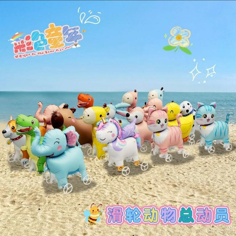 4D Dinosaur Dog Cat Standing Foil Balloons Animals Walking Balloon with Wheel for Kids Birthday Party Decoration Baby Shower