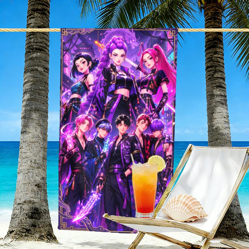 KPop Demon Hunters Print Beach Towel Design, Soft, Lightweight. for Home Bathroom, Spa, Pool, Yoga, Surfing, Camping, Gift for Family, Friend